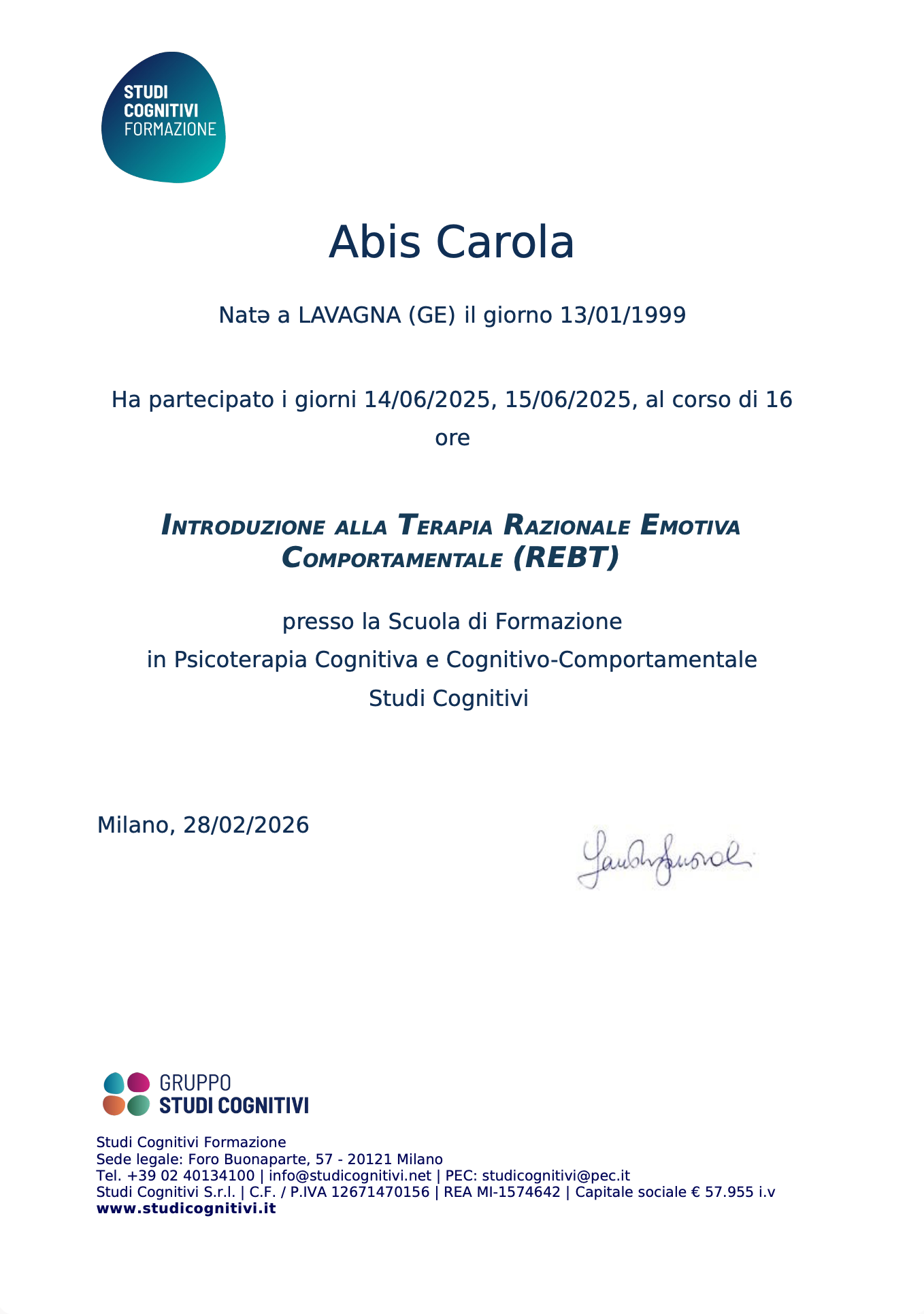 Introduzione alla Terapia Razionale Emotiva Comportamentale — attestato di Carola Abis